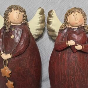 Rustic Red Angel Figurines Set of 2 Gold Wings Heart Star Decor 6 in